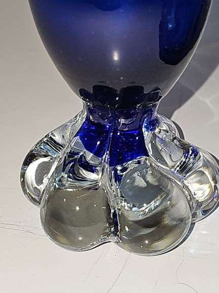 Beautiful hand blown 9.25 in blue vase and blue bowl 5.25 in x 3.5 in tall.