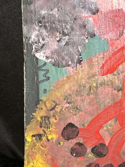 Original signed Mose T red Tiko bird under blossoming tree Folk Art with signature soda can tab hanger…..6 x 16
