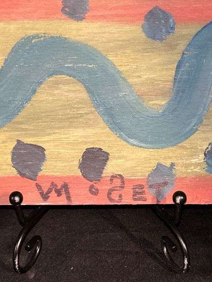 Original signed Mose T blue snake Folk Art with signature soda can tab hanger…..11 x 5-1/4