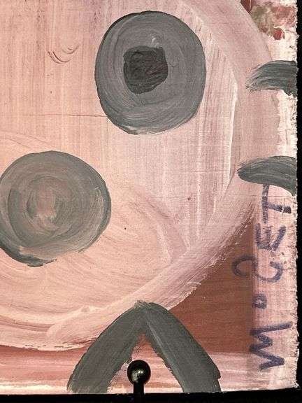 Original signed Mose T pink baby Tico Folk Art with signature soda can tab hanger…..7-7/8 x 7-1/2