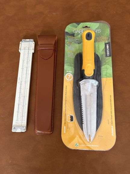 NEW CENTURION Non-Slip Cushion Grip Gardener’s Knife AND a Lutz Slide Rule with leather case￼