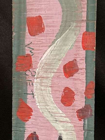 Original signed Mose T greenish/white snake Folk Art with signature soda can tab hanger…..4 x 16