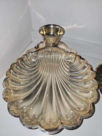 5 silver plate items. Chip and dip, Trey, nut and mint containers. Brass floral tray.