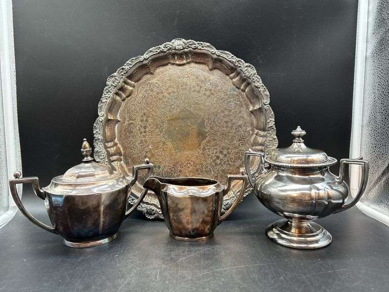 Selection of heavier silverplate items…..makers include Derby Silverplate Co., Victor Silver Co., tray is unmarked….all need polished