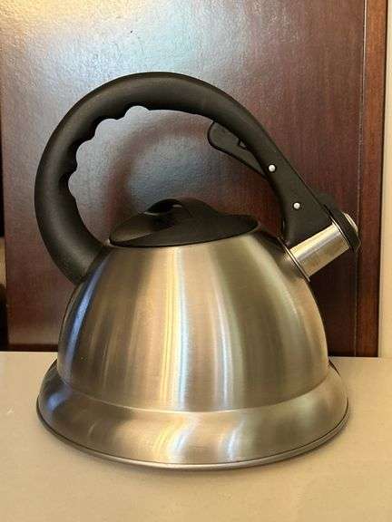 Stainless tea kettle and NEW Cuisinart white enamel tea kettle….no dents