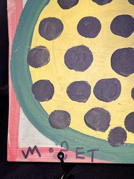 Original signed Mose T yellow meat watermelon Folk Art with signature soda can tab hanger…..10-1/2 x 9-1/4