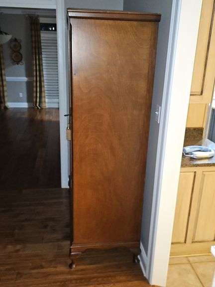 Fabulous antique armoire With burl wood inlay, repurposed as a cabinet. 48 x21.5x 78 in tall.