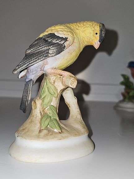 Lefton China goldfinch, unmarked bluebird, and terracotta look rabbit.