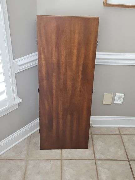 Pier 1 imports table and four chairs. Includes 18 inch leaf. Table is 47.5 x 30.5 in tall. Chairs are 18x 17.5x 39 in tall. Seat height is 18 in.