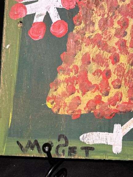 Original signed Mose T little girl in frilly dress Folk Art with signature soda can tab hanger…..9-3/4 x 12