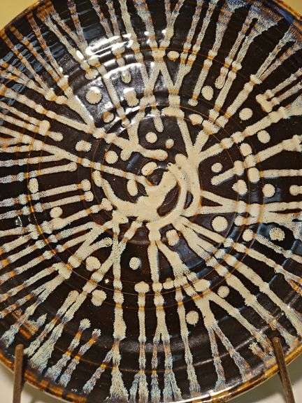Beautiful very large round pottery handled platter by 19" w/stand...