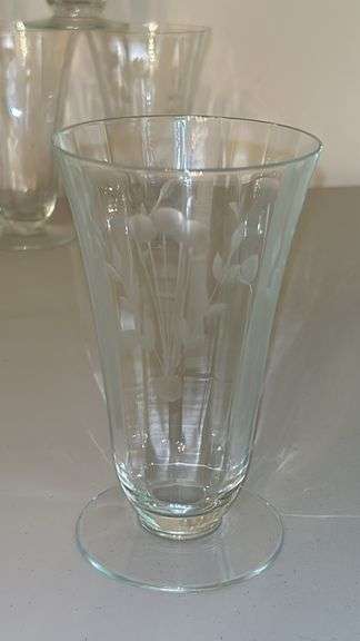 Set of 11 Etched Floral Parfait Glasses…..5-3/4” tall…..chipping (see pics)