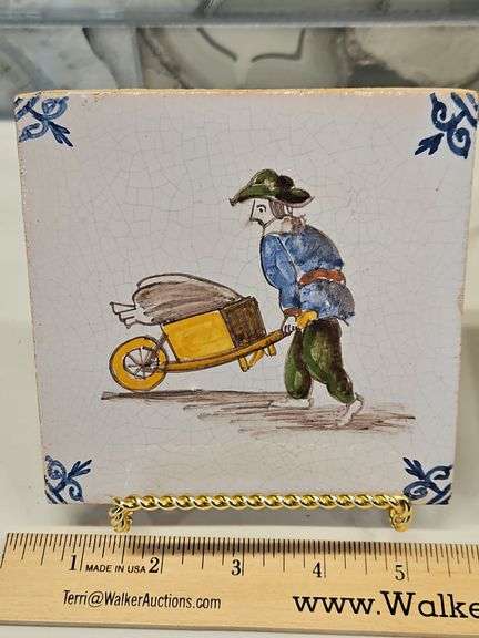Two(2) Vintage ceramic Delft Dutch 19th century polychrome tiles 5" X 5" square x 1/4" thick...