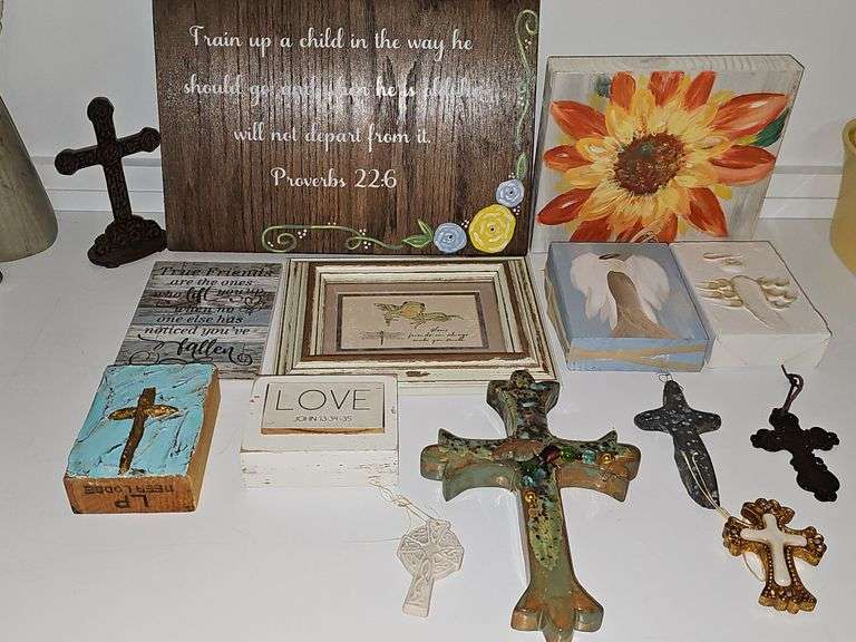 Christian artwork, crosses, Angels, friends, and a flower painting on a board