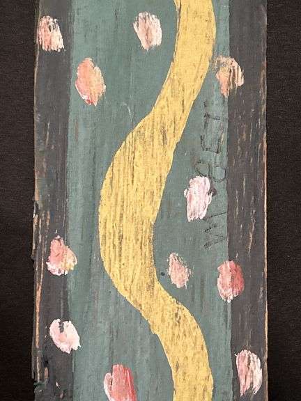 Original signed Mose T yellow snake Folk Art with signature soda can tab hanger…..4-1/2 x 18-1/2