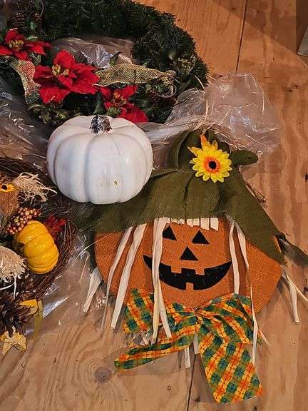 Fall and Christmas wreaths and front door/porch decorative items.