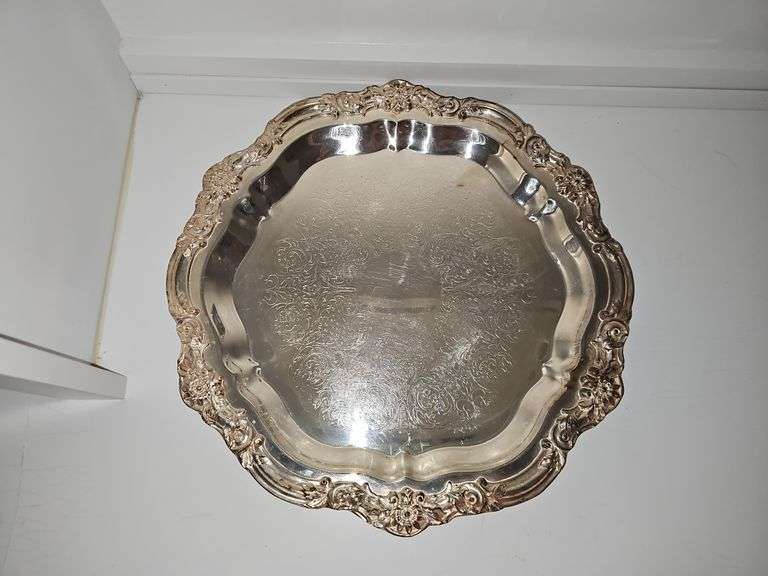 Lovely silver plate footed tray. Engraving on underside as shown. 16.5 x 1.5 in tall.