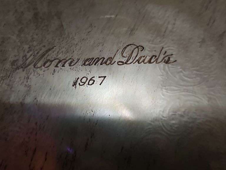 Lovely silver plate footed tray. Engraving on underside as shown. 16.5 x 1.5 in tall.