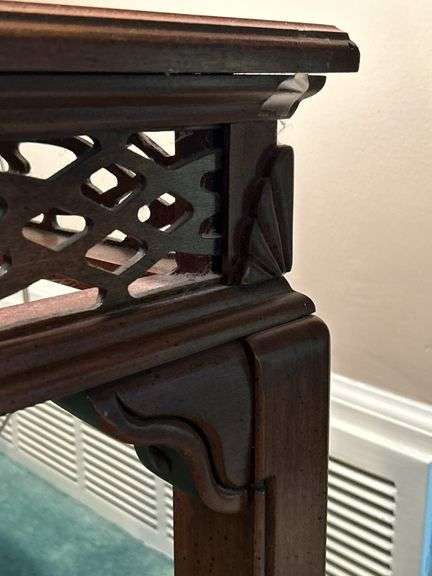 Very nice square end table with glass inlay and open die cut apron…..27” square x 22” tall