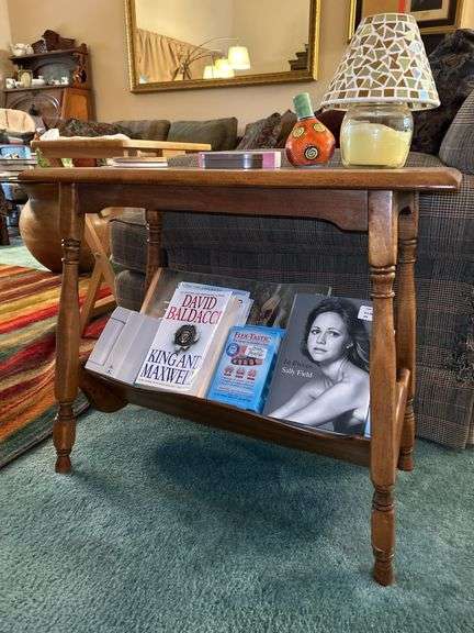 Vintage side table with bottom magazine rack…..26 x 13 x 23 tall