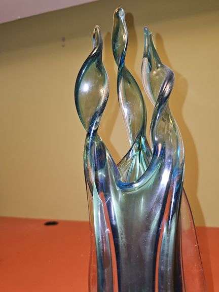 Gorgeous three finger art deco vase on stand   (engraved). 16.75 in tall.