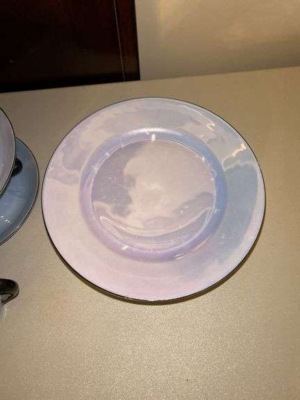 19 pieces of Victoria Czechoslovakia Blue Luster porcelain…..6 cups, 6 saucers, 1 creamer and 6 dessert plates…..minor chipping on creamer bottom and all show usage……overall this set is very pretty