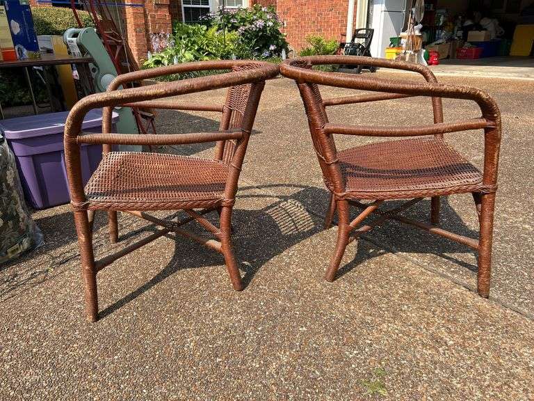 Pair of faux wicker barrel back chairs…..sturdy - shows wear from normal use…..26 x 18-1/2 x 16 tall to seat (28 tall overall)