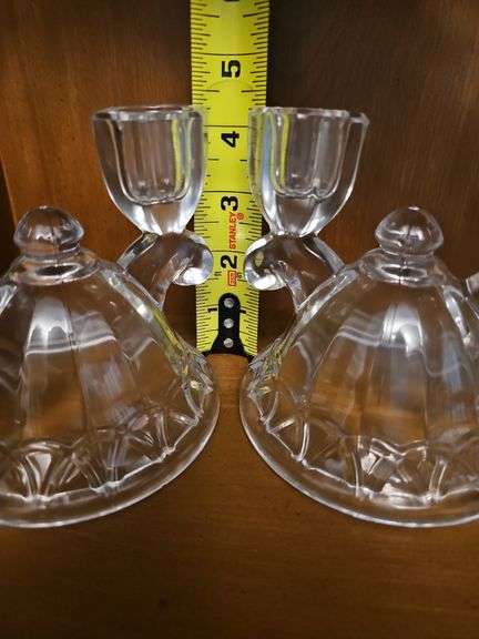 Two vintage Imperial Glass double light candlestick holder in the "Crocheted Crystal" pattern.