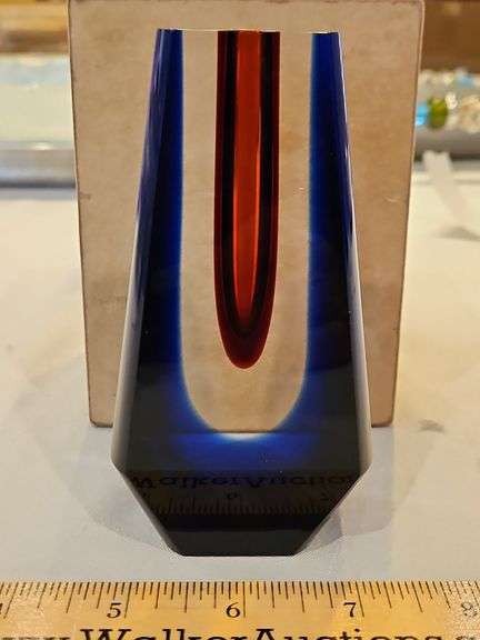 Very unique 5" heavy glass vase w/cobalt blue outside and red core, designed by Pavel Hlava for Egermann...