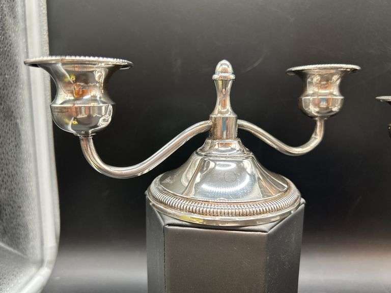 Pair of Preisner weighted sterling double arm candlesticks…..8”w x 3-1/2” tall…..584 total grams