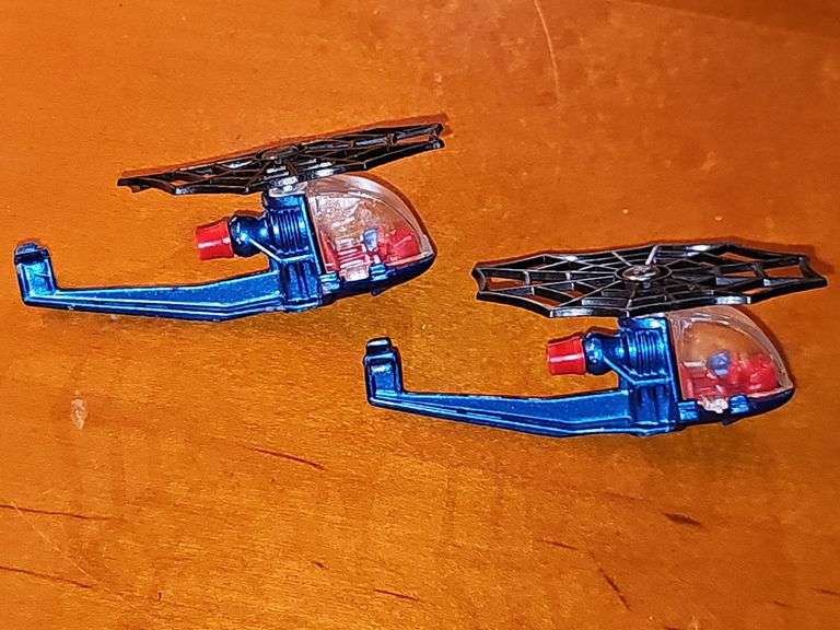 Batman diecast. Large car is plastic. 2 Spider-Man diecast helicopters