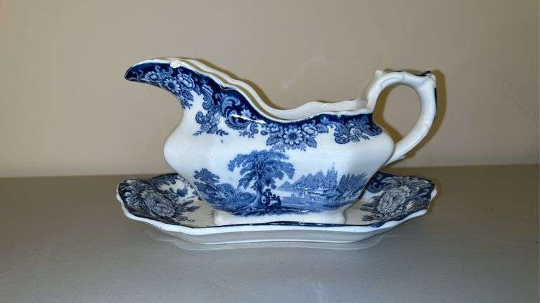 Vintage Allerton’s Kenilworth English Gravy Boat with Under Tray (chipped), Creamer and Sugar Bowl (no lid)…..gravy boat is 8-1/2 x 4-1/2 tall, creamer 4” tall and sugar bowl 6-1/2 x 4 tall (handle to handle)