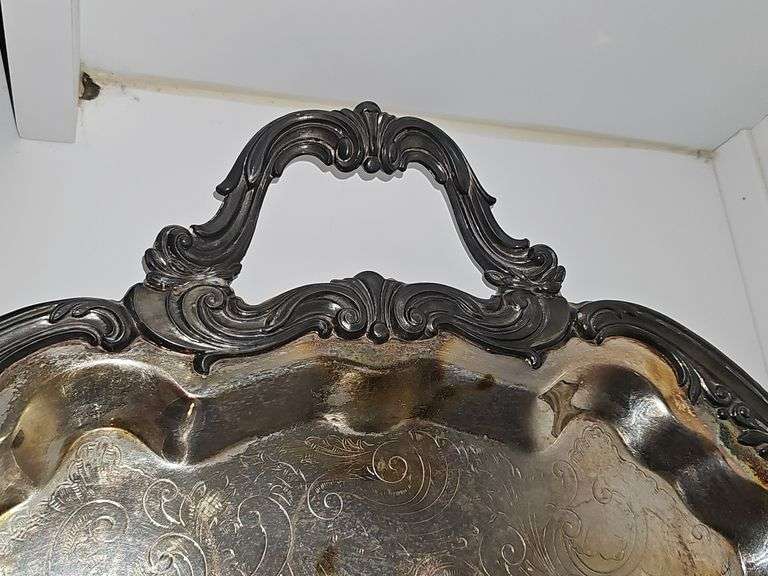 Footed oblong silver plate tray. 25x14.5 in