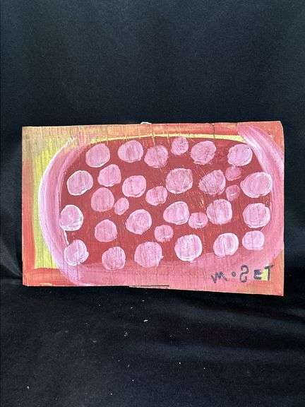 Original signed Mose T red meat watermelon with pink seeds Folk Art with signature soda can tab hanger…..11 x 7-1/4 image