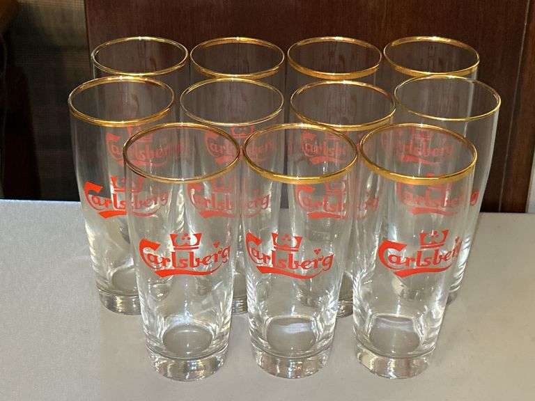 Vintage 1960's Set of 11 Carlsberg Beer Glasses with Gold Rim and Crown…..5-3/4” tall