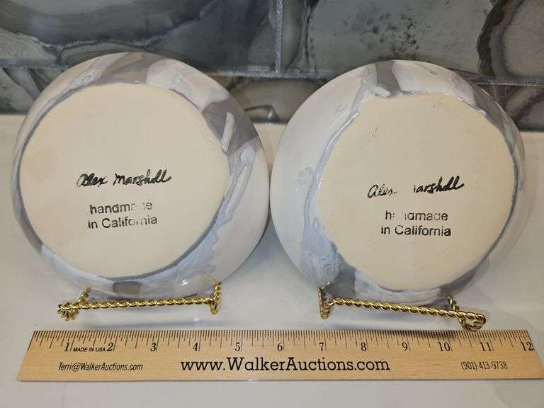 Pair of Beautiful Alex Marshall Handmade Stoneware 6" Classic or Urban Round Bowls in Grey-White Stripe SEE DESCRIPTION FOR DETAILS...