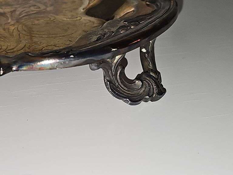 Footed oblong silver plate tray. 25x14.5 in