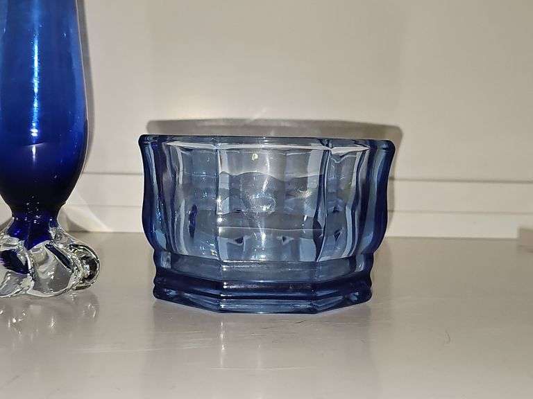 Beautiful hand blown 9.25 in blue vase and blue bowl 5.25 in x 3.5 in tall.