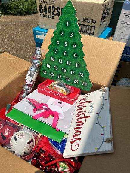 Box of mostly new Christmas decor