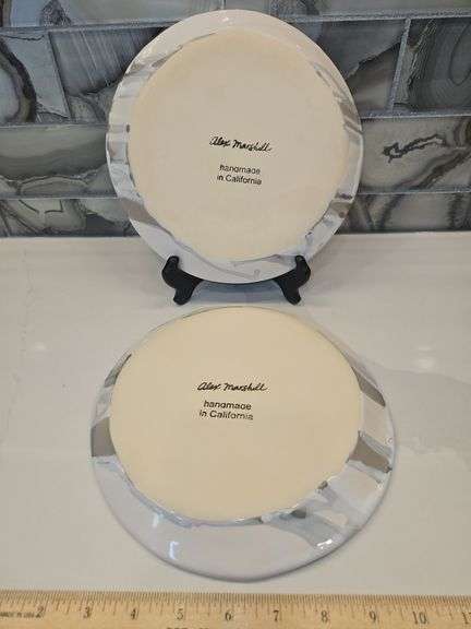 Pair of Beautiful Alex Marshall Handmade Stoneware 8.5" Slim Round Side Plates in Grey-White Stripe SEE DESCRIPTION FOR DETAILS...