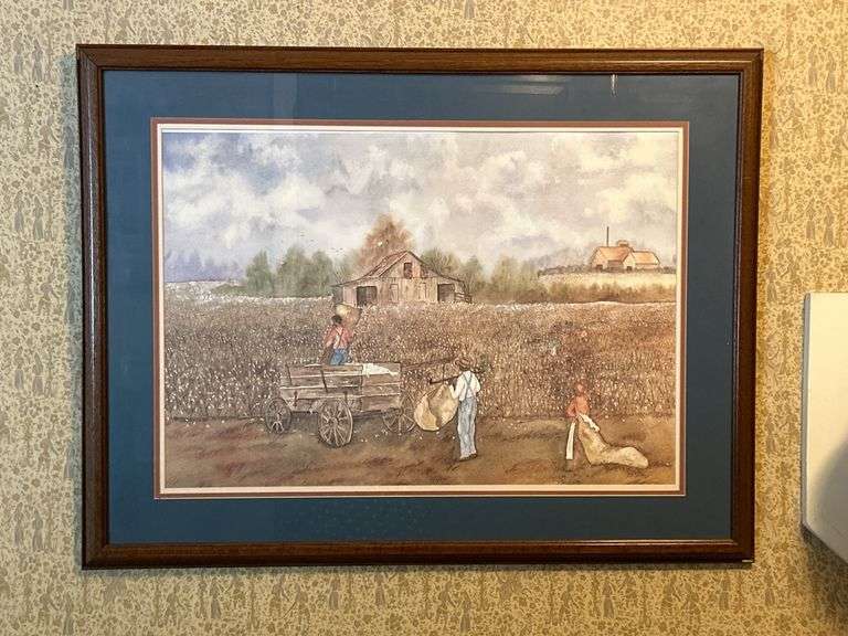 Framed wayercolorprint by titled "Cotton Pick'n”……not signed…..34-1/2 x 26-1/2 image