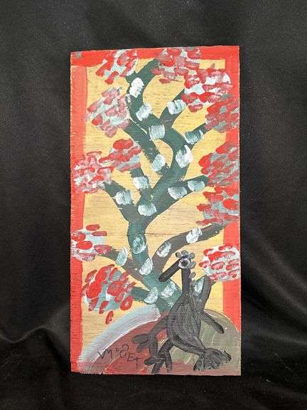 Original signed Mose T black Tiko bird under a blossoming tree Folk Art with signature soda can tab hanger…..7-3/4 x 14-1/2 image