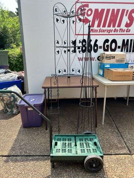 Great selection of wrought iron and metal items plus a collapsible garden pull cart….items in background are not included