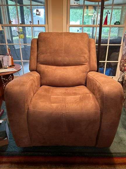 Flexsteel Industries tan microsuede power rocker recliner with adjustable head rest and USB port on side…..in really good condition, only 1 small stain found and chair is fully functional…..37 x 22-1/2 x 19 tall to seat (49 tall overall)