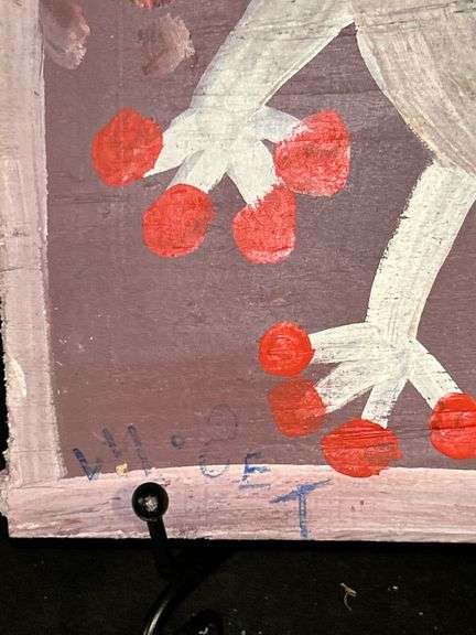 Original signed Mose T white Tico bird with bright red toes Folk Art with signature soda can tab hanger…..8 x 10-1/4