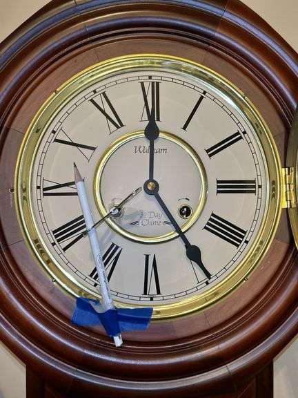 Waltham Regulator Schoolhouse 31 Day Chime Mechanical Wall Clock w/Key…..clock is not damaged but will not stop chiming and seller didn’t know how to fix so there is a pencil in place to stop chime…..approx. 28” tall