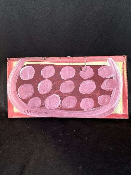 Original signed Mose T red meat watermelon with pink seeds Folk Art with signature soda can tab hanger…..12-1/2 x 6-1/2 image