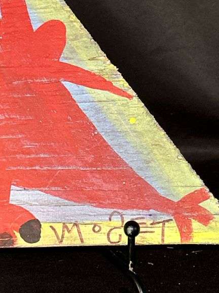 Original signed Mose T red Tico bird with black toes Folk Art with signature soda can tab hanger…..8 x 10