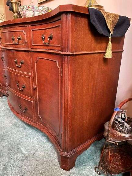 Beautiful vintage mahogany buffet with 6 drawers and 2 side compartments……62 x 21-3/4 x 36 tall….has slight blemishes from every day use….this piece is at least 80 years old and is a family heirloom