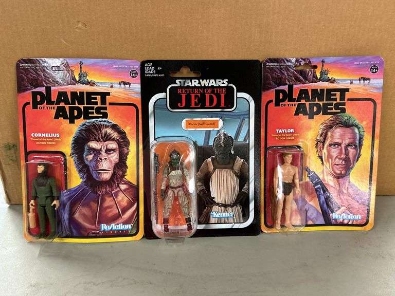 (2) Planet of the Apes action figures CORNELIUS and TAYLOR……(1) Star Wars Return of the Jedi KLAATU action figure…..blister packs are loose on 2 of them